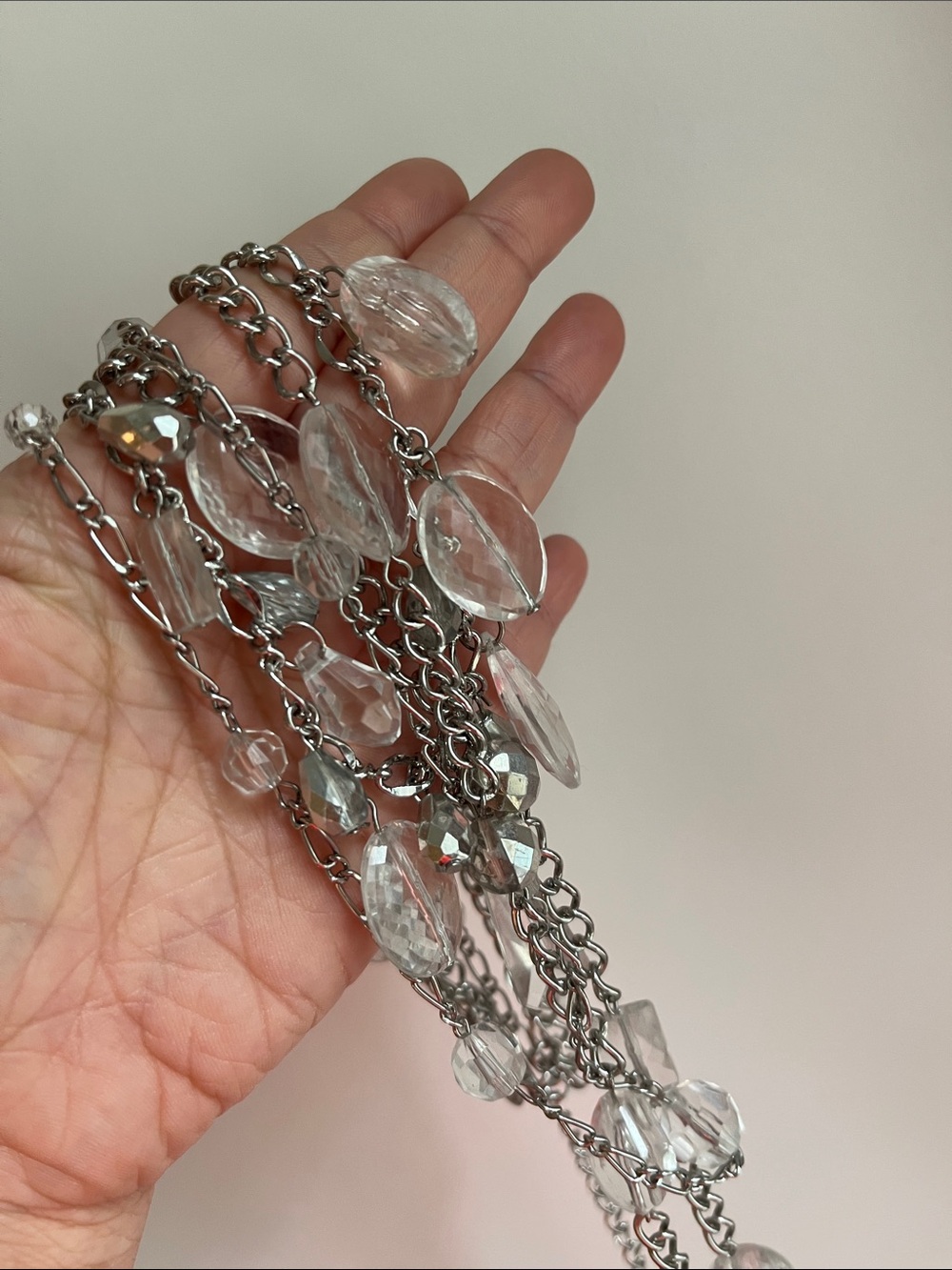 Crystal like bead Drop Multi-Strand Necklace - Clear Silver - Picture 3 of 3